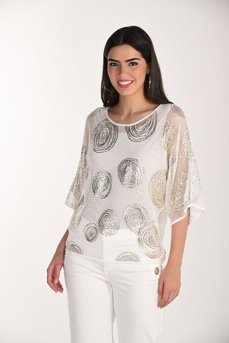 Glamorous  Sheer Scoop Neck Pull- Over, Color: Off- White/Gold, Size: XS
