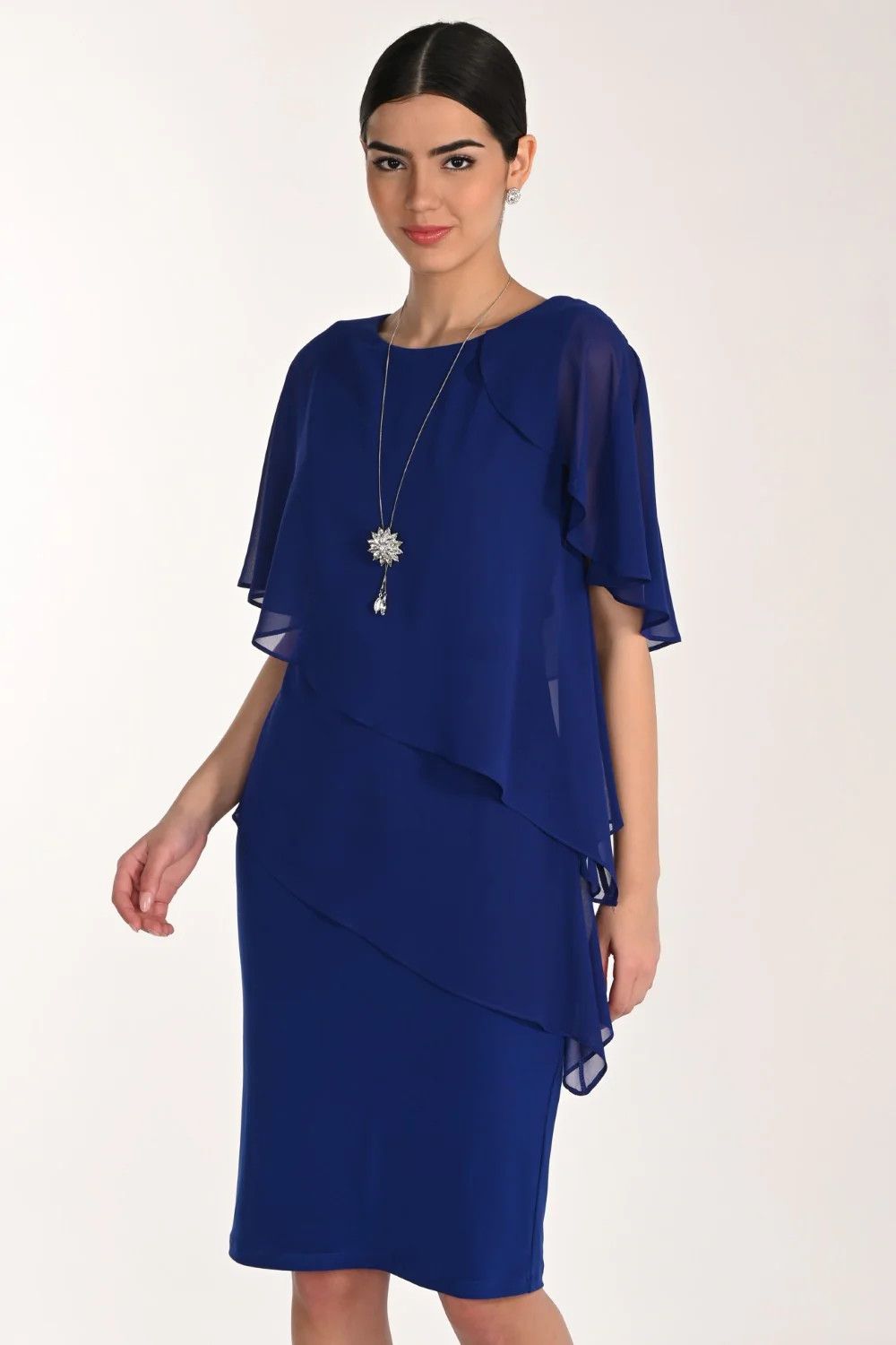 Ruffled Layered Flutter Sleeve Sheath Dress, Color: Imperial Blue, Size: 10