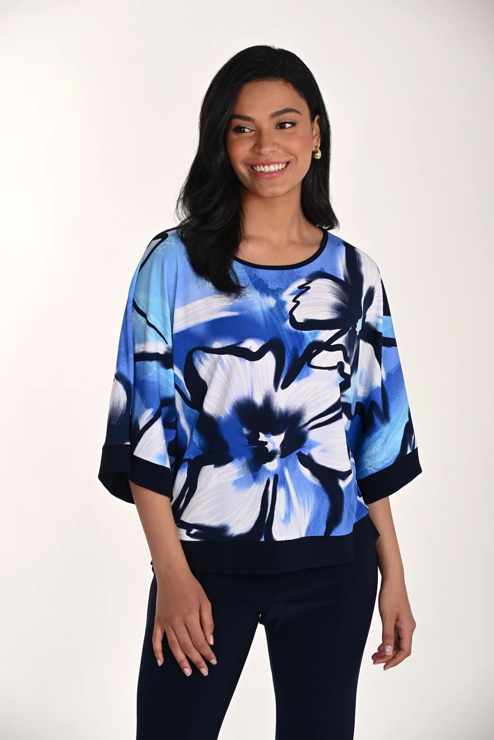 Floral Print Dolman Sleeve Top, Color: Blue/ Midnight, Size: 10