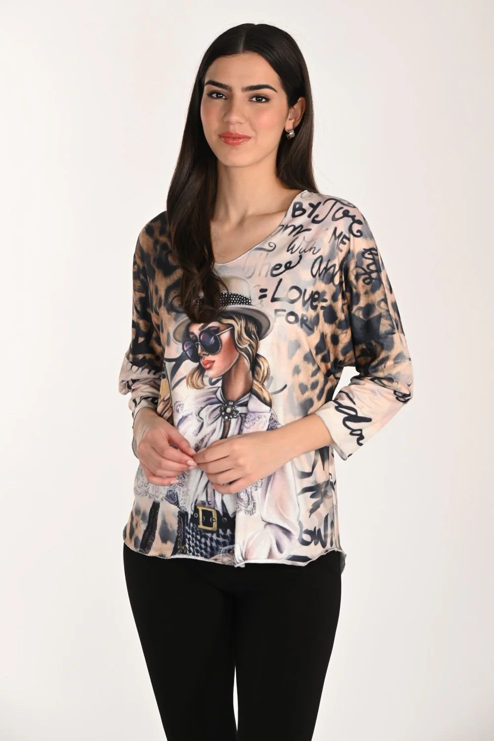 Printed Hot Press Embellished Top, Color: Black/ Tan Mix, Size: XS