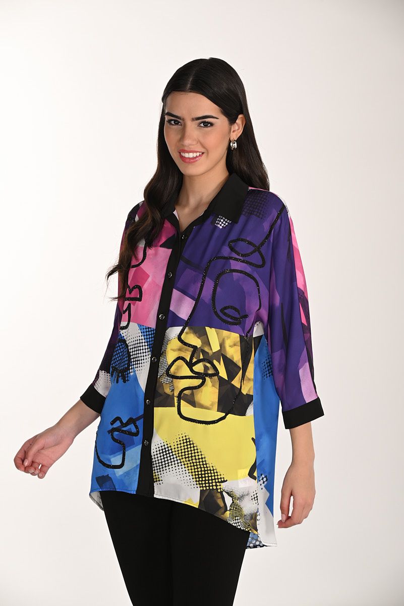 Abstract Embellished Blouse , Color: Black/ Multi, Size: S