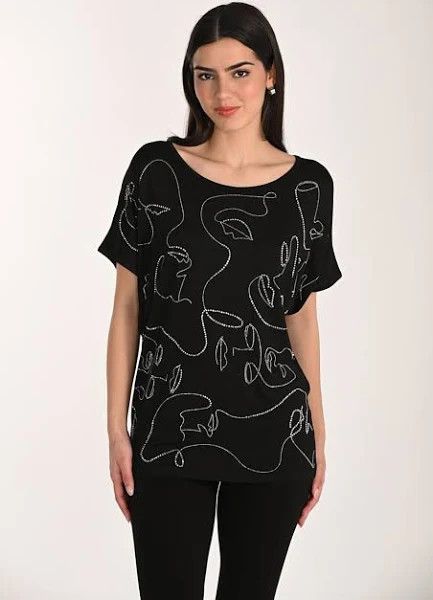 Embellished Boat Neck T-Shirt, Color: Black, Size: M