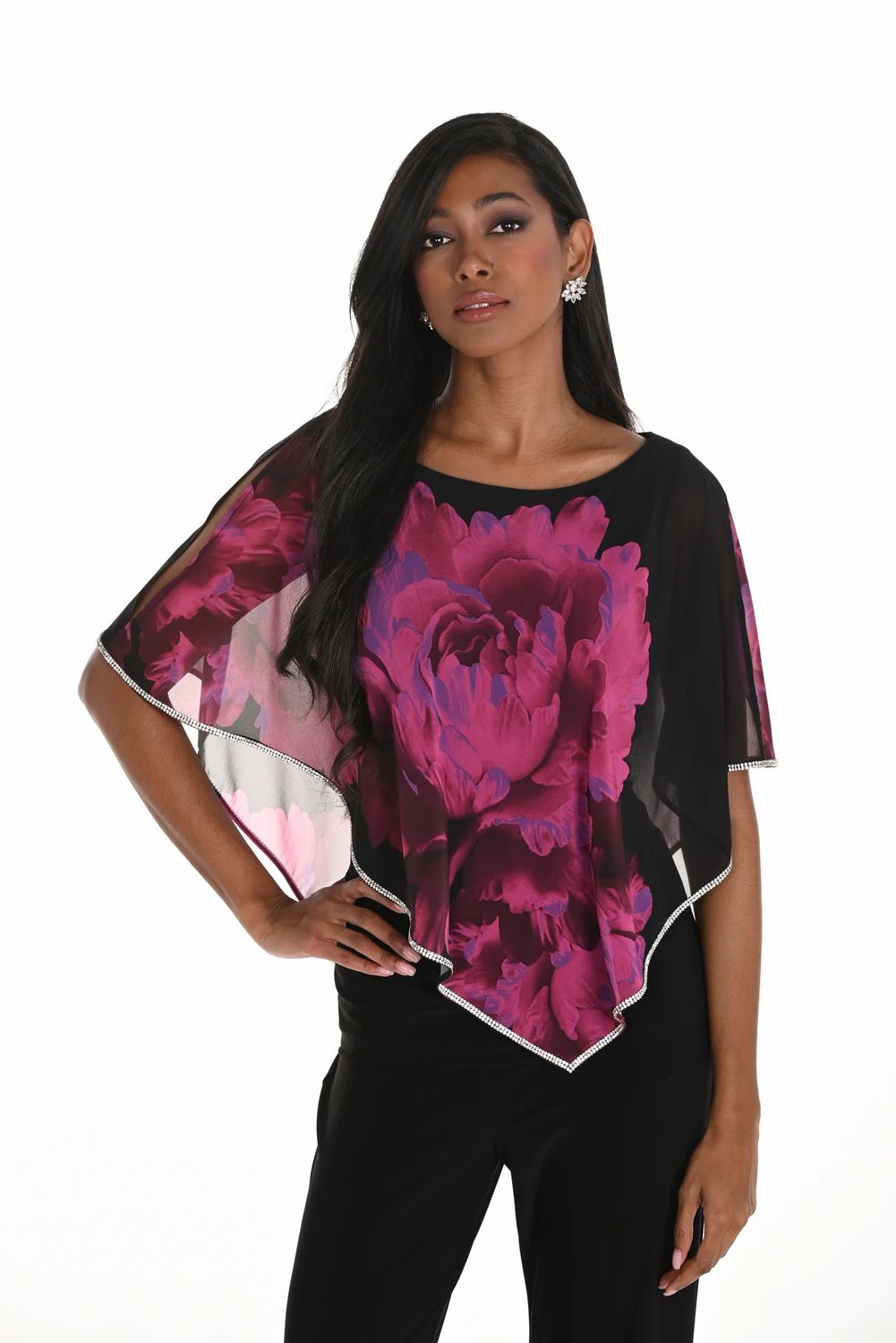 Floral Cape Overlay w/ Rhinestone Trim Blouse , Color: Black/ Begonia, Size: 10