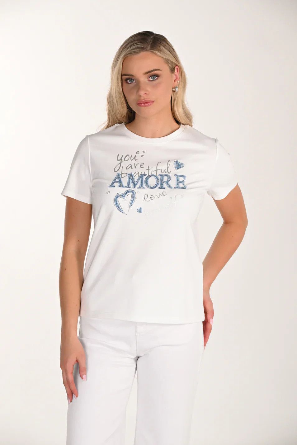 Embellished Print Cotton T-Shirt , Color: White/ Denim Blue, Size: S