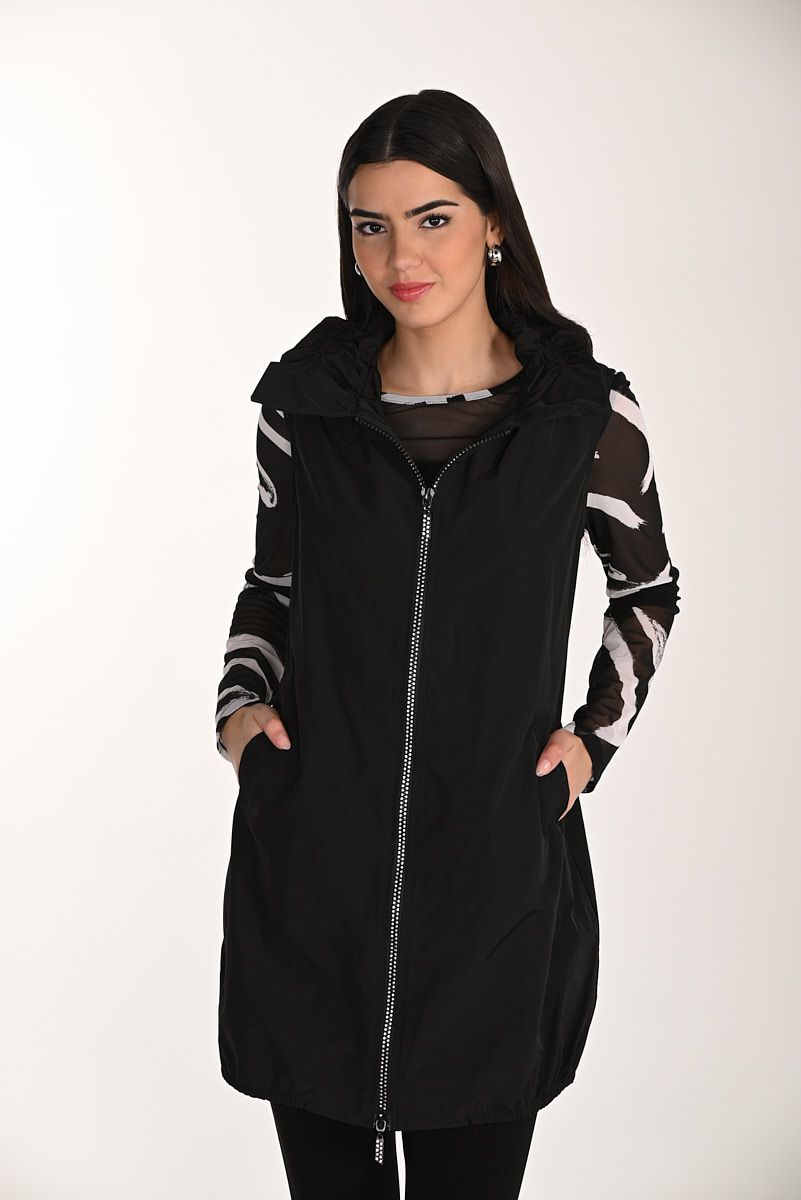 Hip Length Hooded Vest w/ Rhinestone Zip, Color: Black, Size: 6