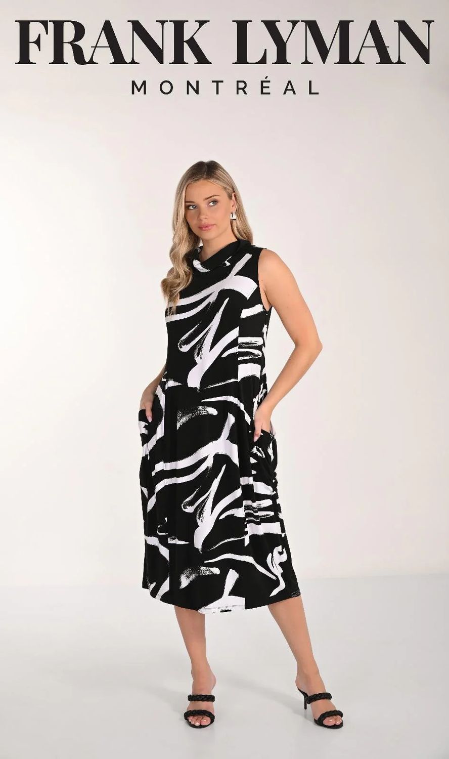 Brush- Stroke Print Cowl Neck Midi, Color: Black/ White, Size: 10