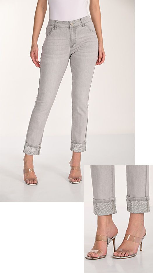 Slim Jean w/ Embellished Cuff Hem, Color: Grey, Size: S