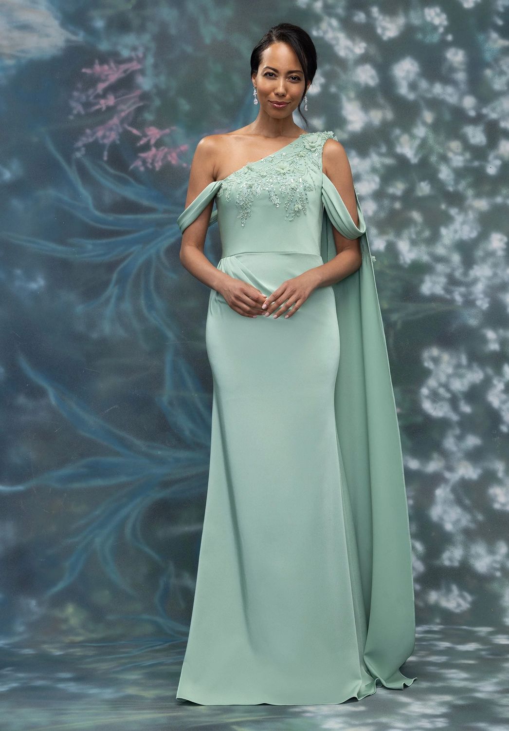 One Shoulder Drape Embroidered Beaded Gown, Color: Sage, Size: 8