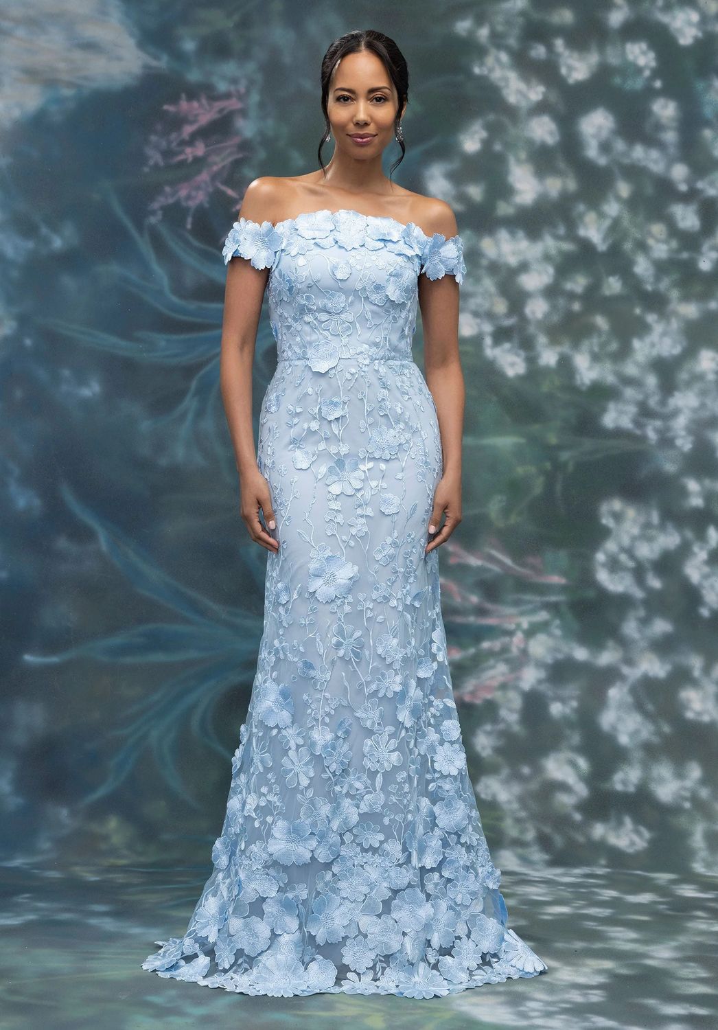 Floral Thread-Work Fit And Flare Embroidered Gown, Color: Sky Blue, Size: 8