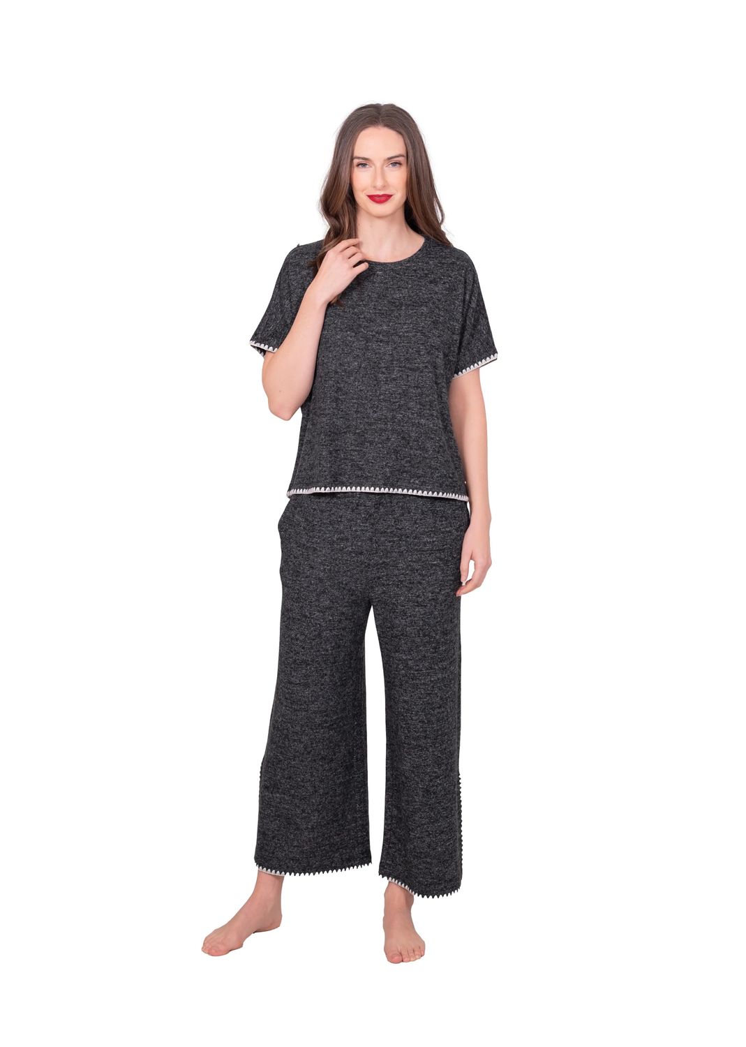 Blanket Stitch Wide Leg Crop, Color: H. Black, Size: S