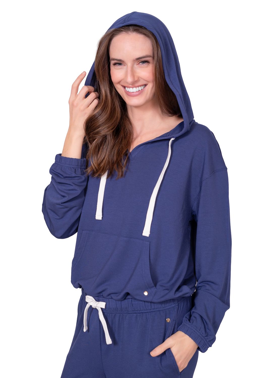 Relaxed Fit V-Neck Hoodie, Color: Indigo Blue, Size: S
