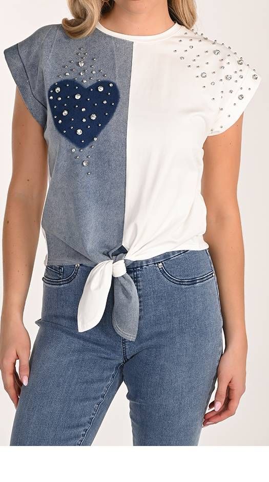 Jewel Embellished Heart Tye-Hem Tee, Color: White/ Blue, Size: S
