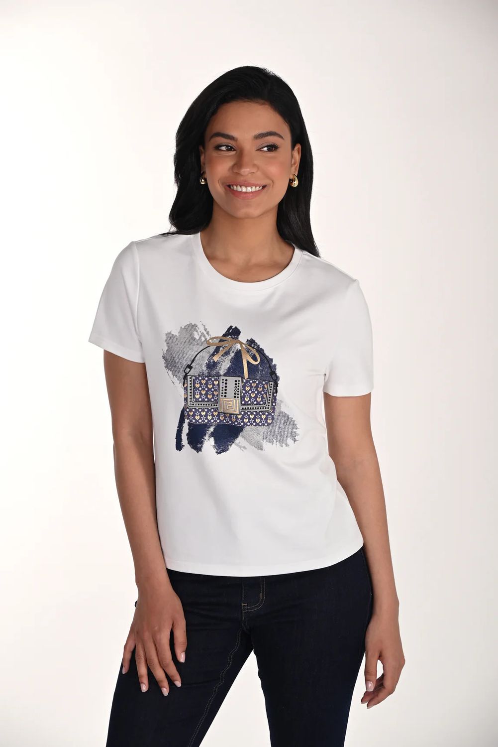 Printed Crew Neck T-Shirt , Color: White / Navy, Size: S