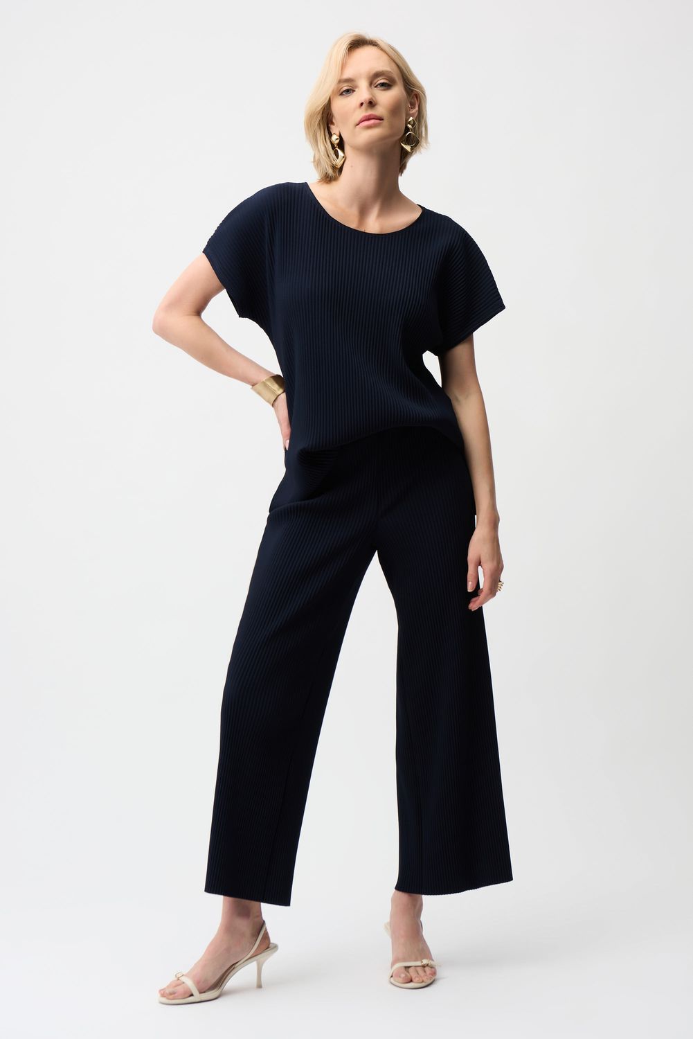 Casual Textured Crew Neck , Color: Midnight Blue, Size: 10