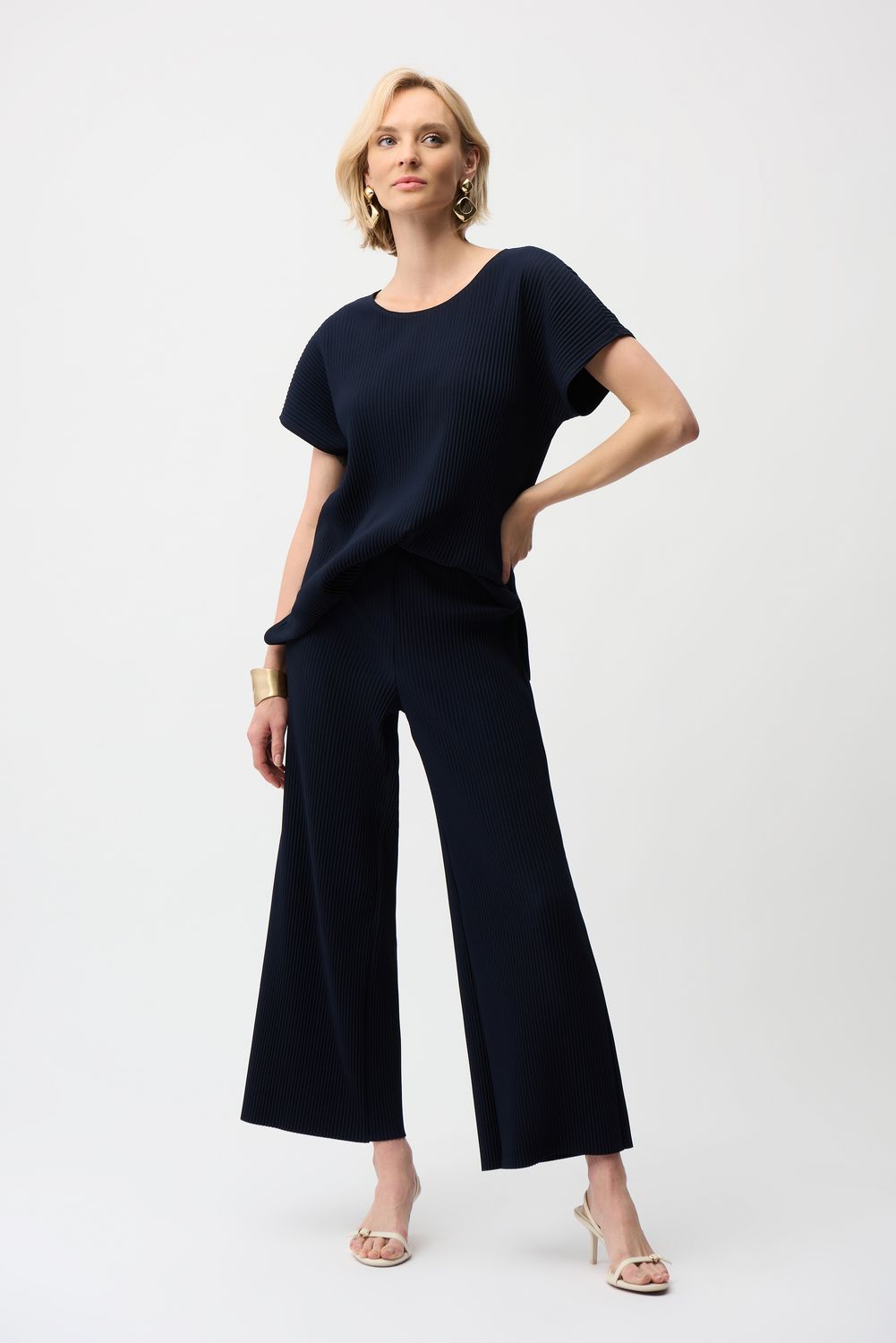 Textured Pleat Mid-Rise  Pant , Color: Mid-Night Blue, Size: 10