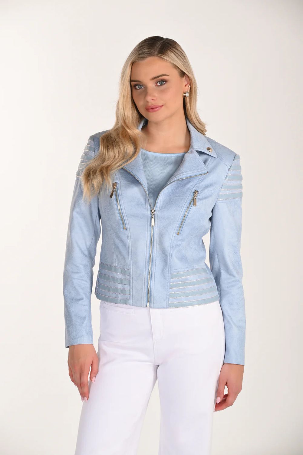 Zip Up Detail Moto Jacket , Color: Lt. Blue, Size: XS