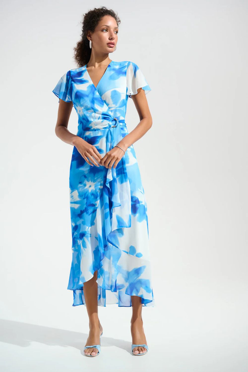 Chiffon Wrap Ruffle Dress , Color: Vanilla/ Blue Mix, Size: 8