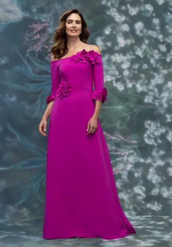 Stretch Crepe Off- Shoulder Rosette Detail Gown, Color: Magenta, Size: 8