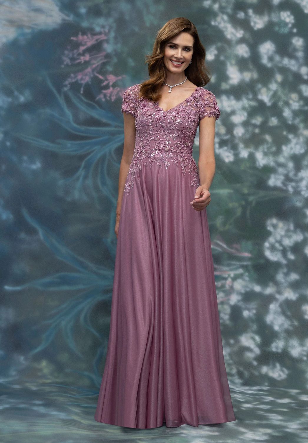 Shimmer Chiffon Floral Beaded Gown , Color: Dusty Rose, Size: 10