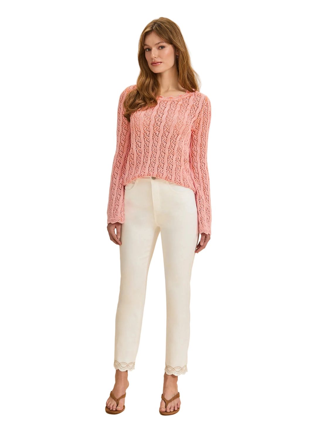 Scallop Hem Crotchet Knit Sweater , Color: Cantaloupe, Size: S