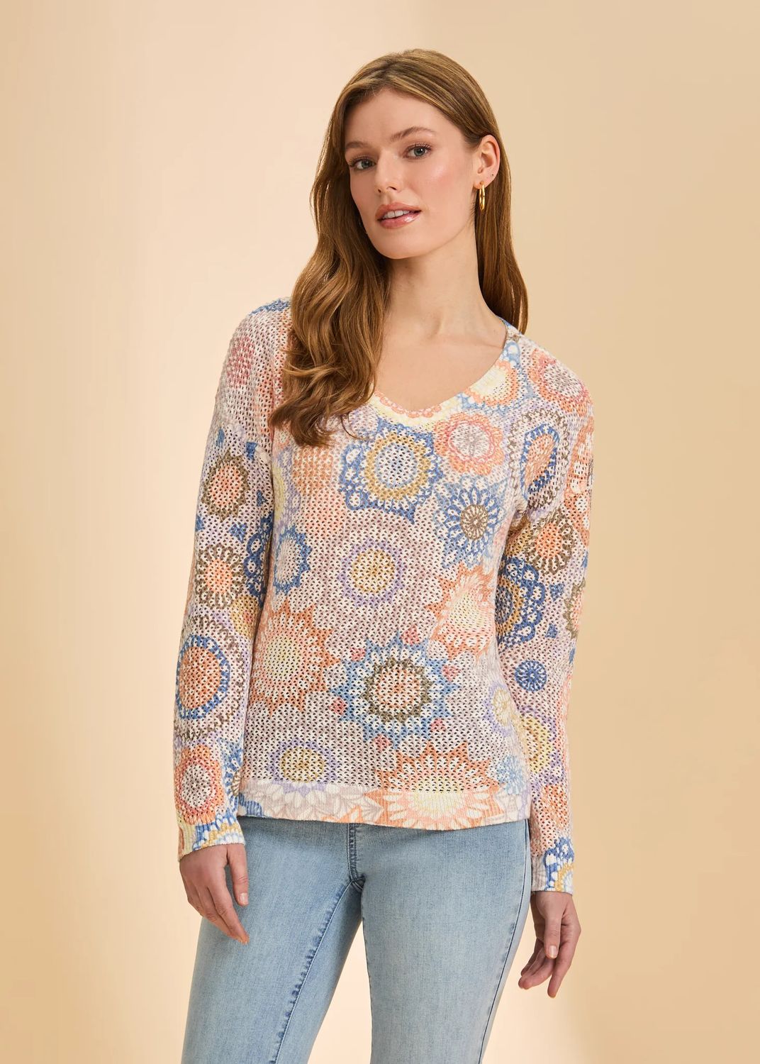 Dream Catcher Print V-Neck Sweater , Color: Cream/ Mix, Size: S