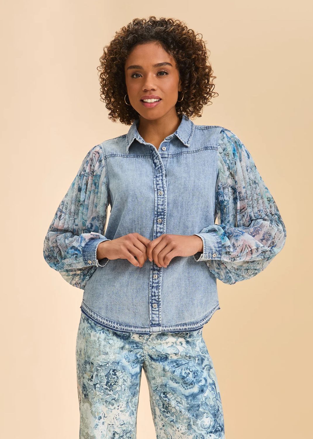Pleated Print Sleeve Tencel  Blouse, Color: Chambray, Size: S
