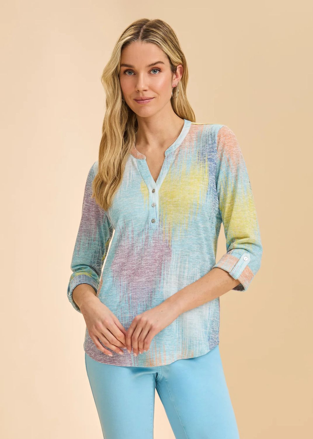 3/4 Sleeve Print Henley Top, Color: Bright Mix, Size: S
