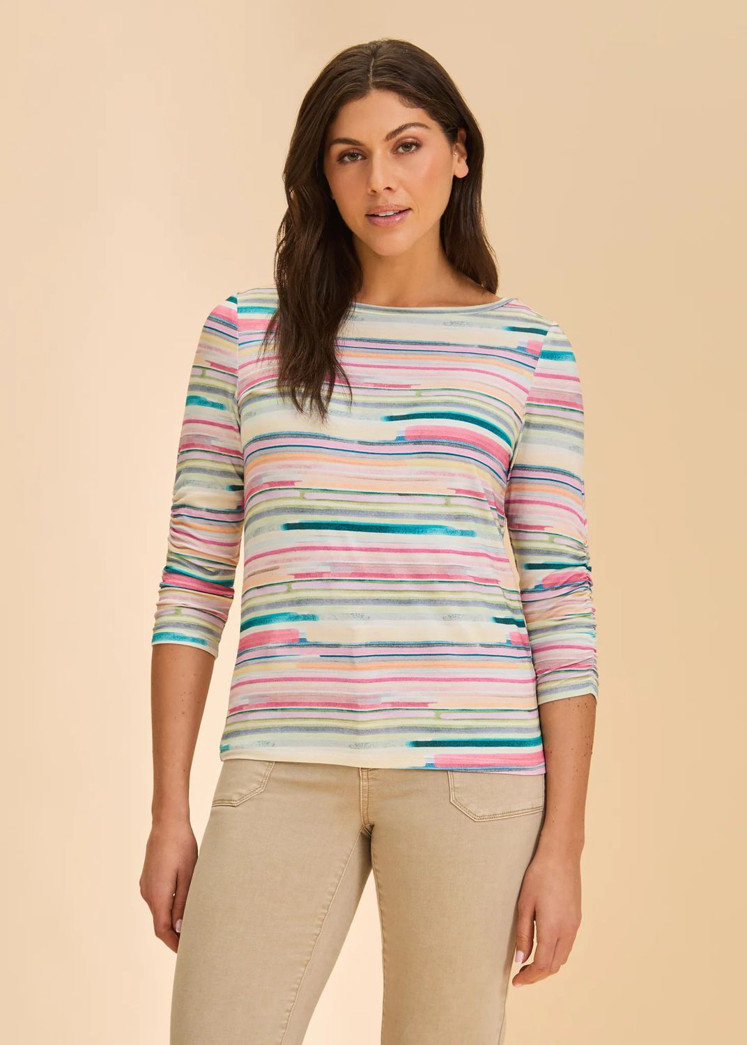 Stripe 3/4 Ruched Sleeve Top, Color: Mix Stripe, Size: S