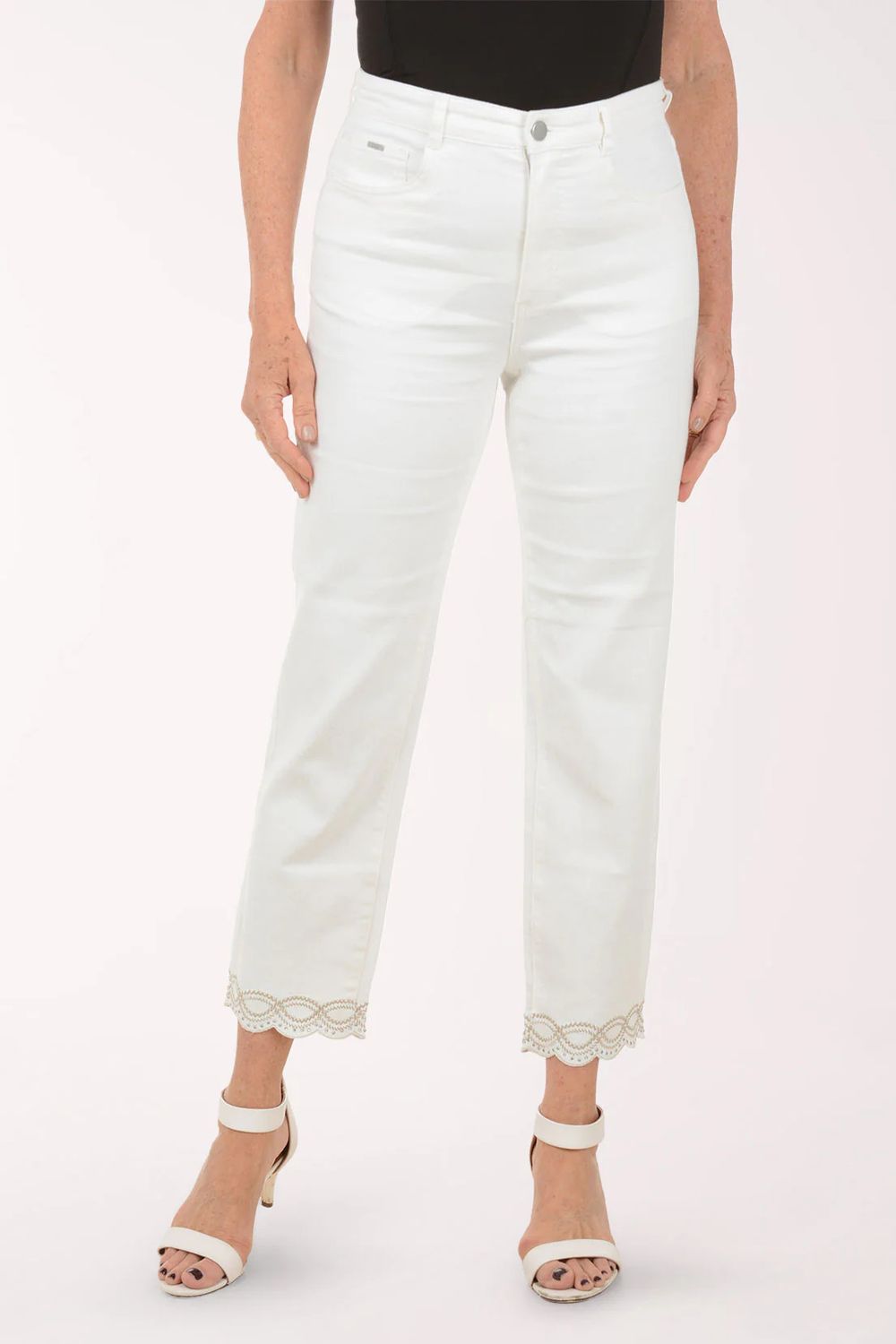 Scallop Embroidered Ankle Jean , Color: Ivory, Size: 8