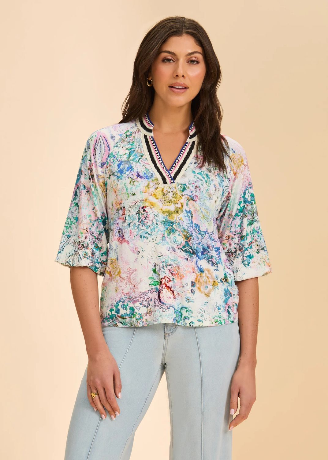 Split Neck Print Top, Color: Narnia, Size: S