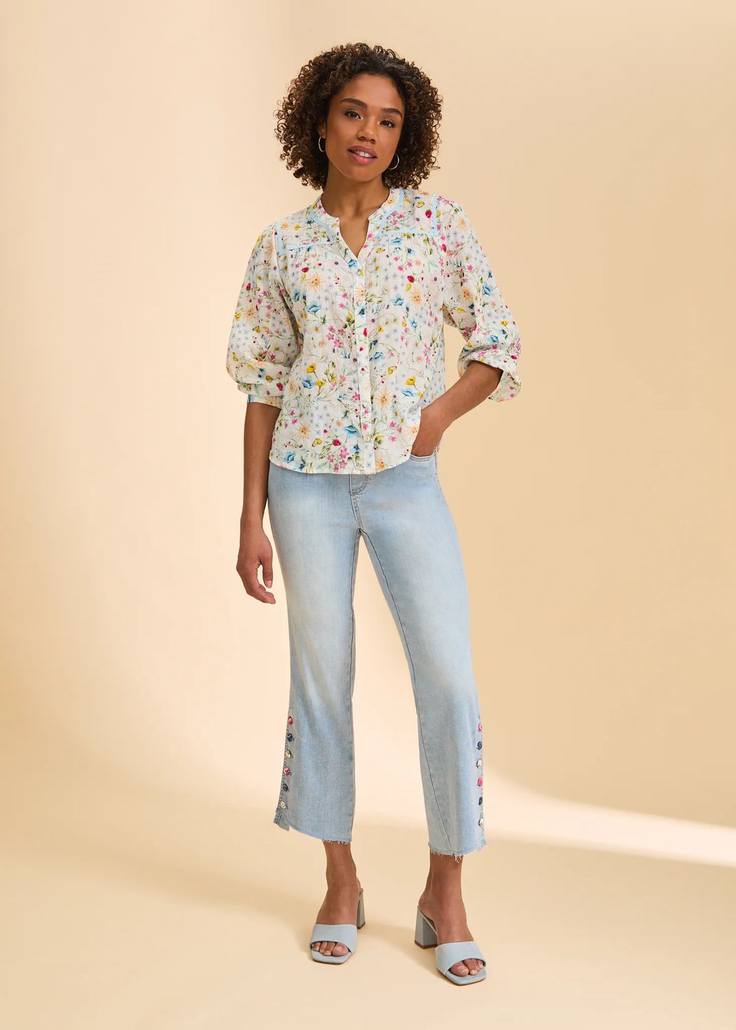 Crop Hem Button Detail Jean, Color: Blue Eclipse, Size: 10