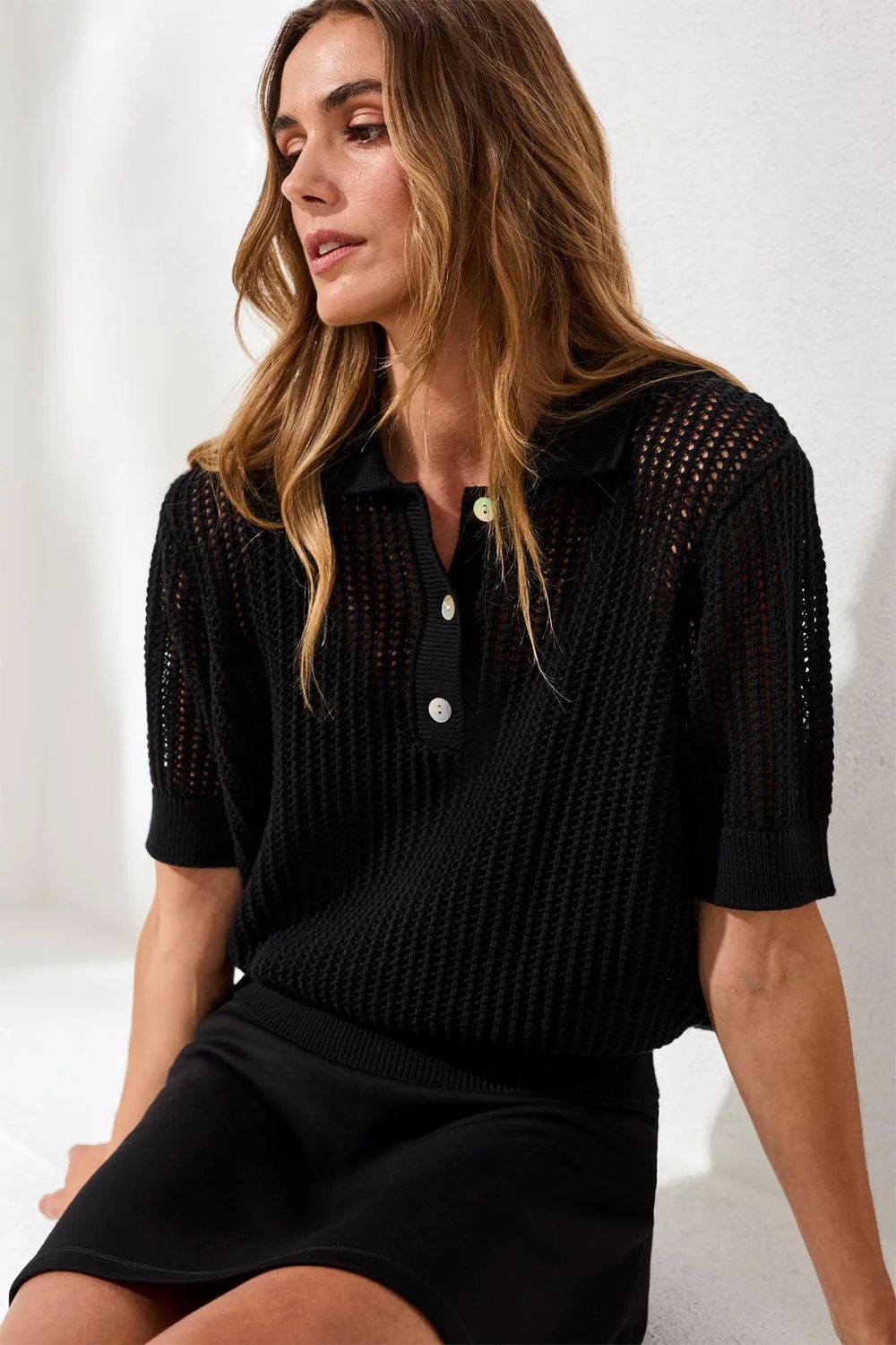 Short Sleeve Polo Mesh Shirt , Color: Black, Size: S