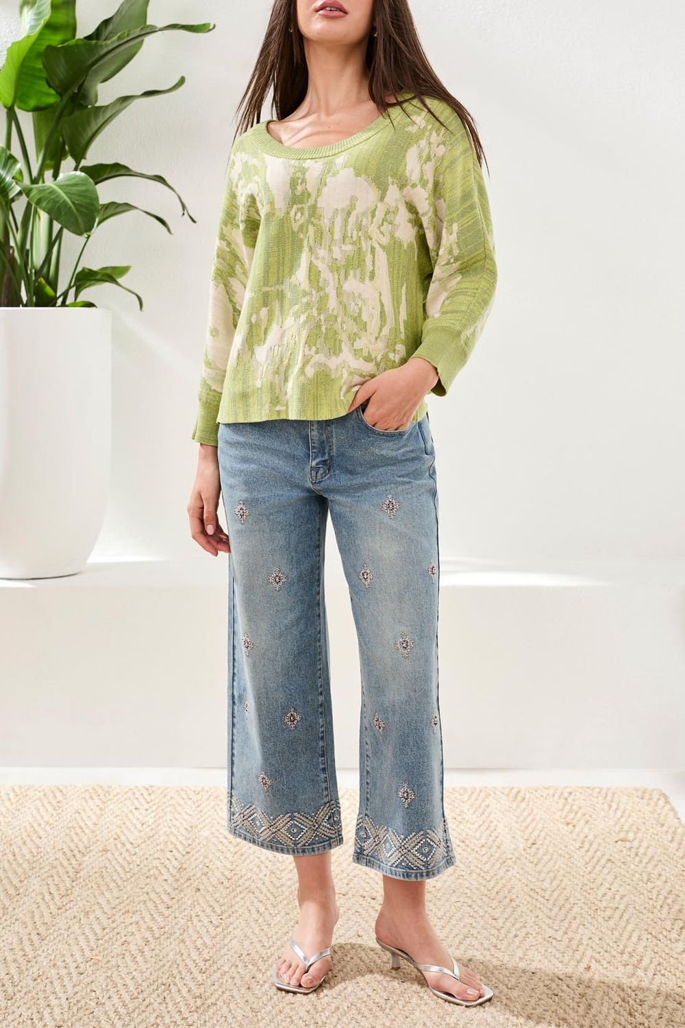 Jacquard 3/4 Sleeve Sweater , Color: Lemon Grass, Size: S