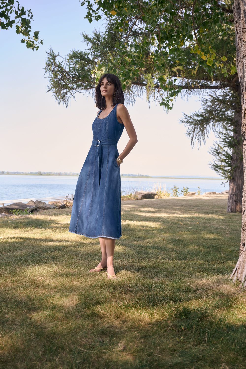 Belted A-Line Denim Midi, Color: Med. Denim, Size: S