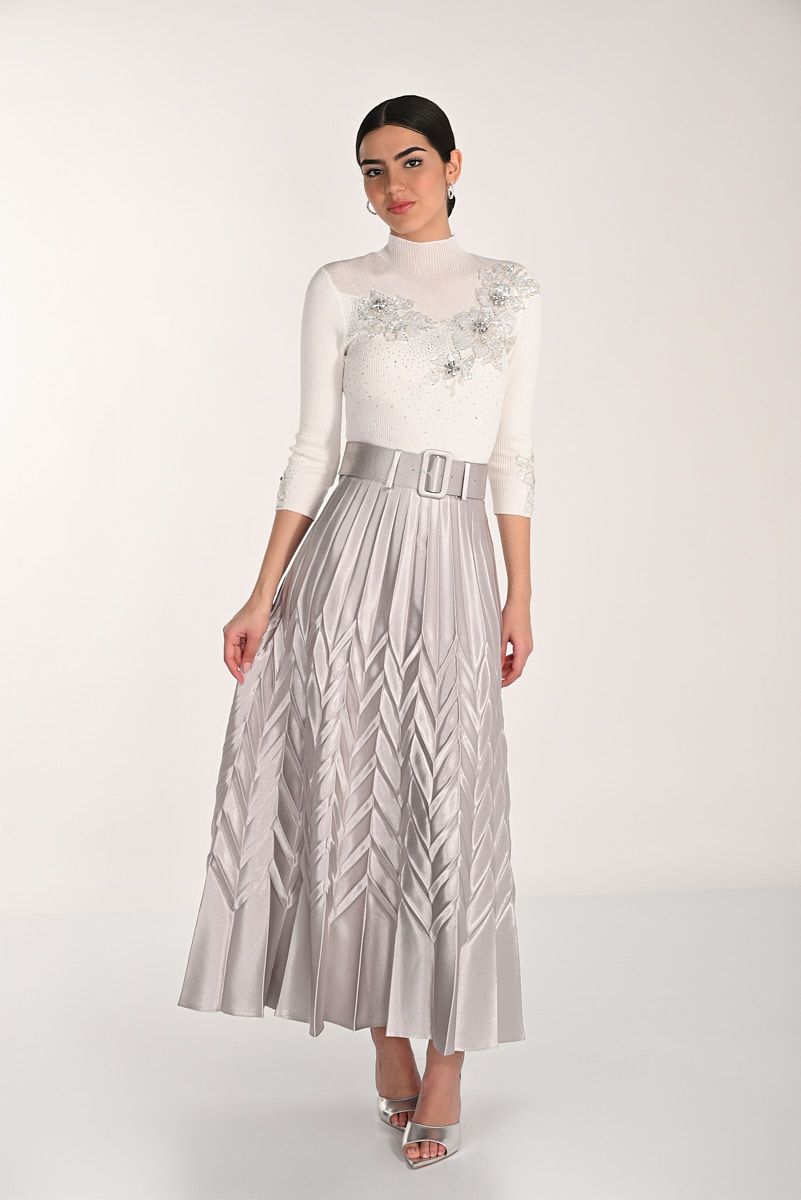Shimmer Embroidered Top w/ Chevron Pleated Skirt , Color: Porcelain/ Silver, Size: S