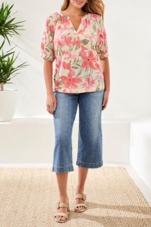 Elbow Sleeve Henley Top, Color: Canvas, Size: S