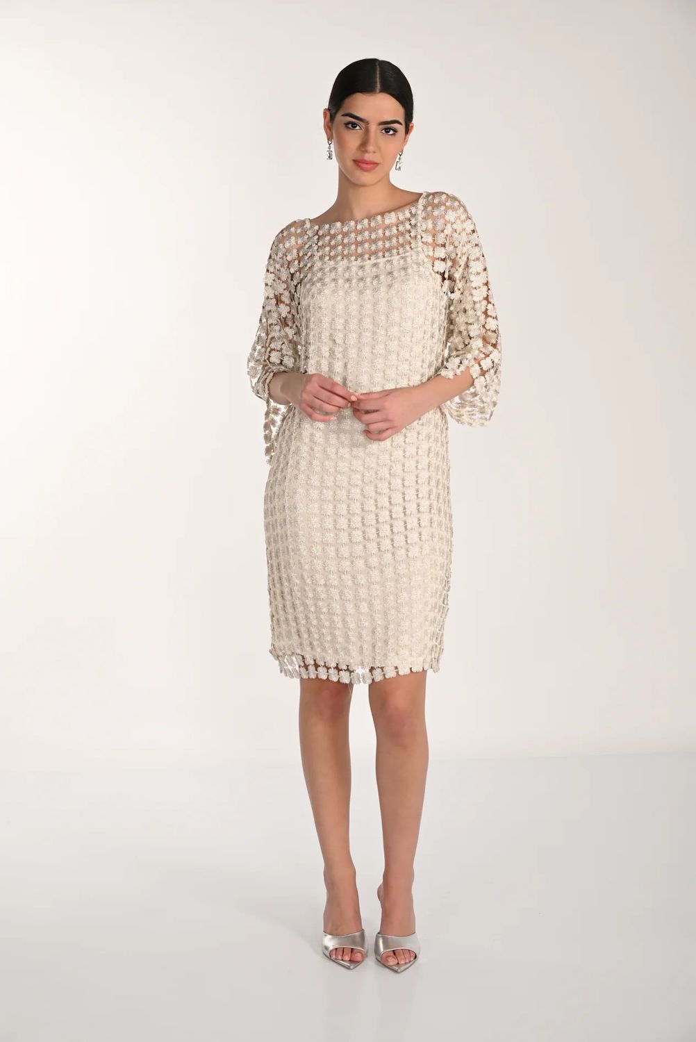Embroidered 3/4 Floral Overlay Dress, Color: Pearl, Size: S