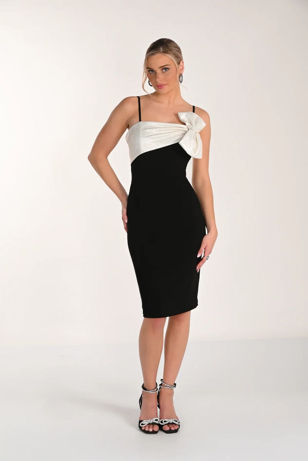 Sash Bow Midi Dress, Color: Black/ Light Gold, Size: 6