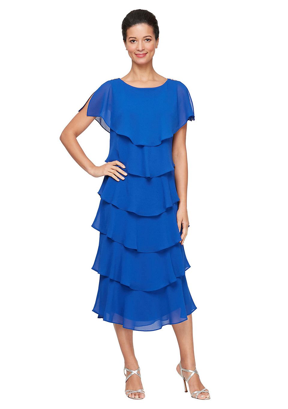 Midi Capelet Tiered Dress w/ Bead Trim, Color: Cobalt, Size: 8