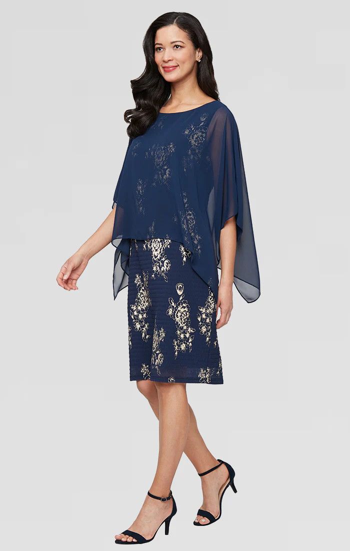 Short Foil Pleat Dress w/ Chiffon Overlay , Color: Navy/ Gold, Size: 12