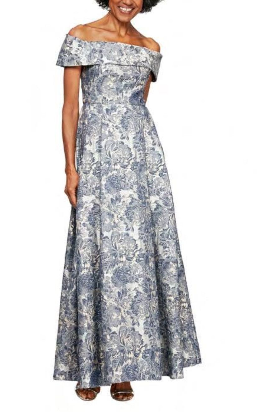 Floral Off- Shoulder A-Line Dress, Color: Silver/ Multi, Size: 12