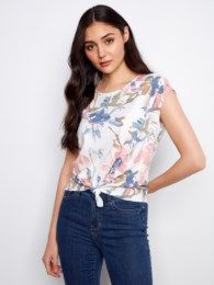 Cap Sleeve Print Knot Top, Color: Artist, Size: S