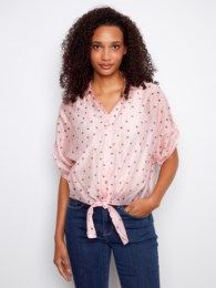 Polka Dot Front Tie Blouse , Color: Peony, Size: S