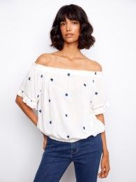 Embroidered Short Sleeve Off- Shoulder, Color: White, Size: S