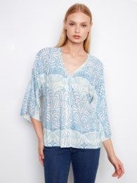 Front Button Print Blouse, Color: Ibiza, Size: S