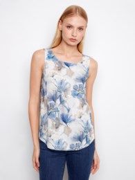Printed Linen Round Neck Tank, Color: Serein, Size: M