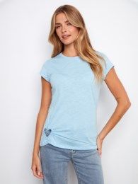Cotton Tee w/ Heart Hem Cut-Out, Color: BlueBell, Size: S