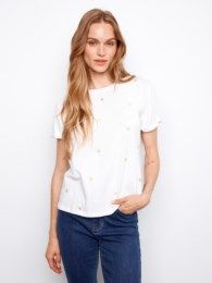 Heart Embroidered Rolled Cuff Tee, Color: White, Size: S