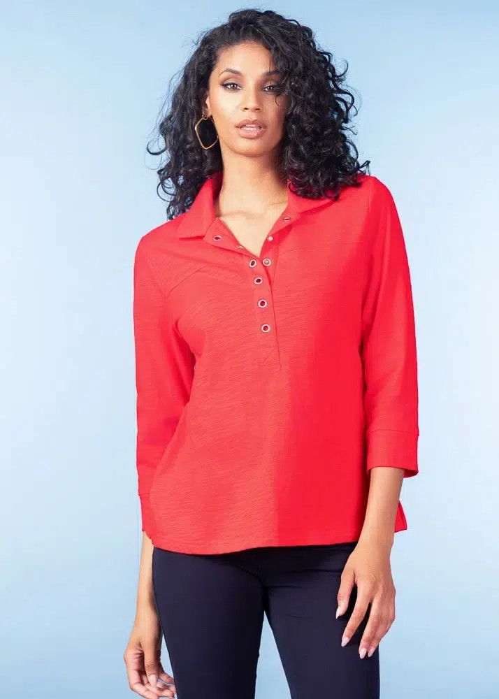 Rivet Half Button 3/4 Sleeve Top, Color: Red, Size: S