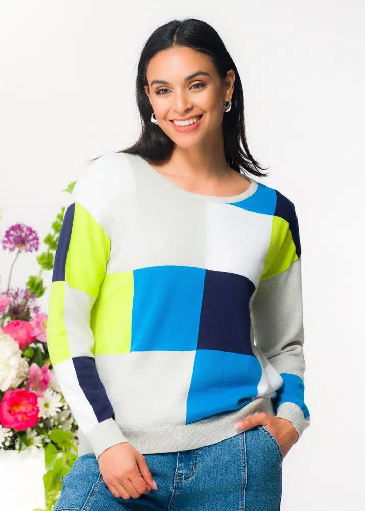Crew Neck Colour Block Sweater , Color: Blue/ Lime, Size: M